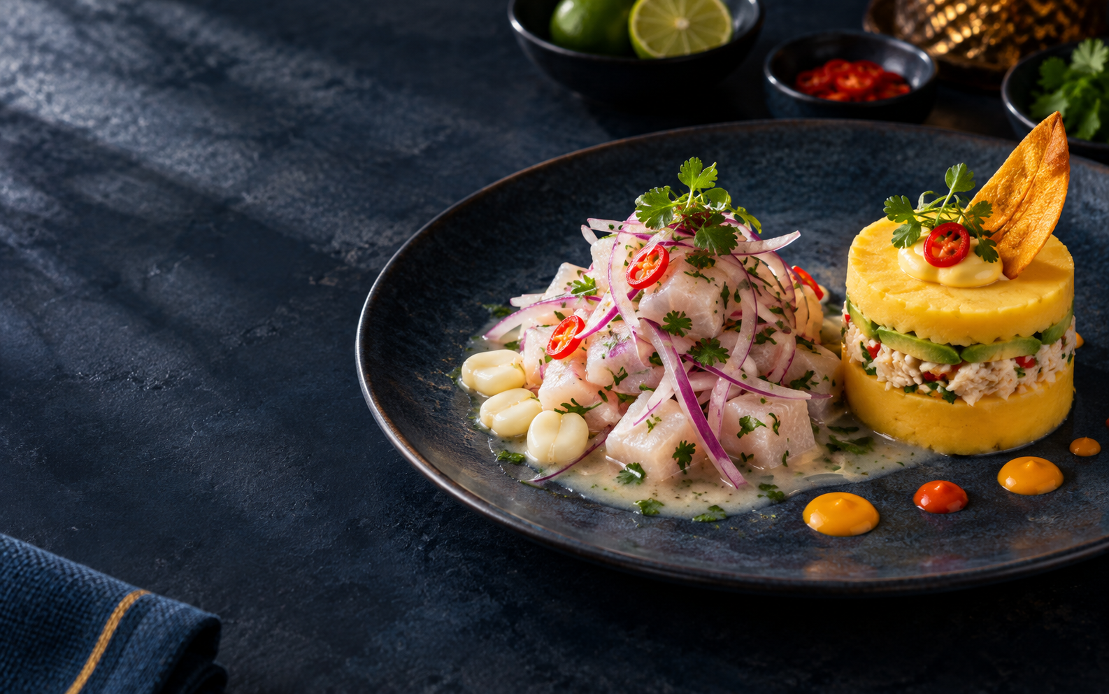 Ceviche fresco acompañado de causa peruana